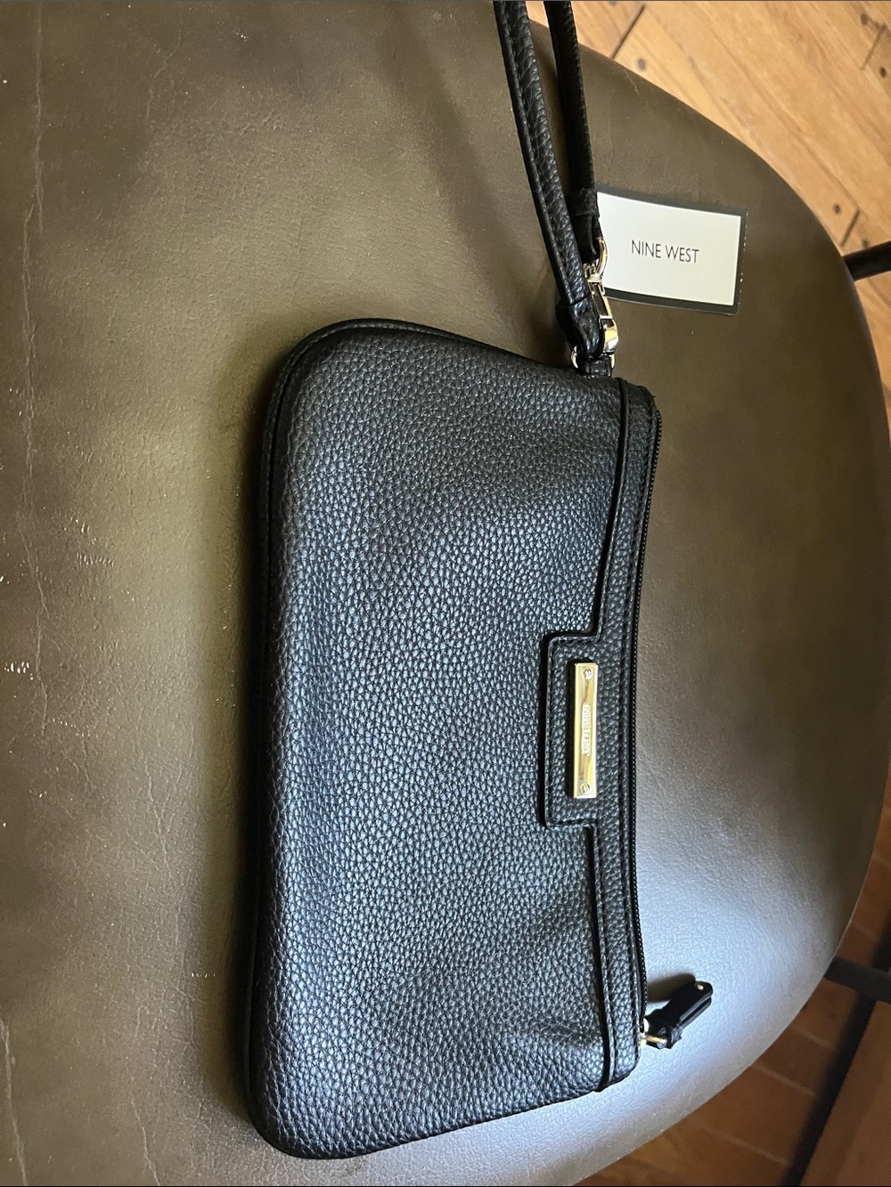 Nine West Black Pebbled Leather Wristlet with Gold Accent